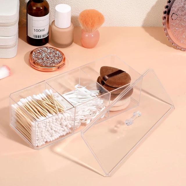 Alt view image 7 of 7 - Waterproof Vanity Organizer for Makeup Pads and Cosmetics, Triple-Compartment Cotton Swab & Ball Dispenser, Set of 3 Transparent Acrylic Storage Jars with Lids