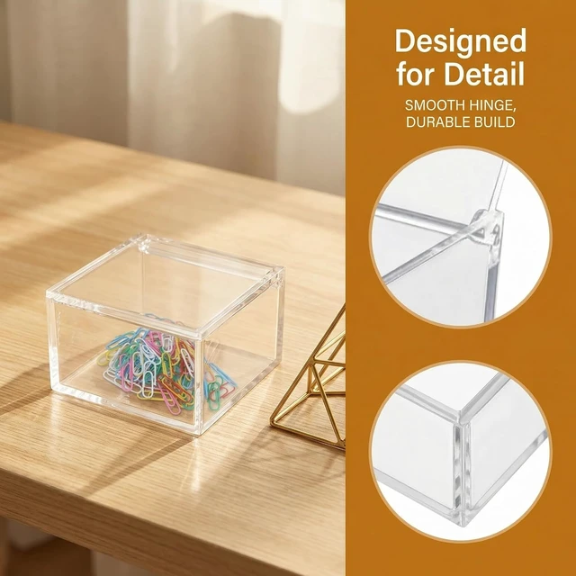 Alt view image 3 of 7 - Mini Clear Acrylic Storage Case with Lid for Office Desk Supplies Hair Ties Rubber Bands Sticky Notes and Paper Clips