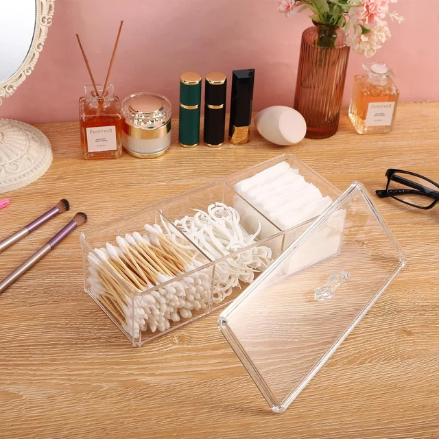 Alt view image 5 of 7 - 3-Slot Bathroom Vanity Organizer for Makeup Pads and Cosmetics, Clear Acrylic Cotton Swab and Ball Storage Jar with Lid