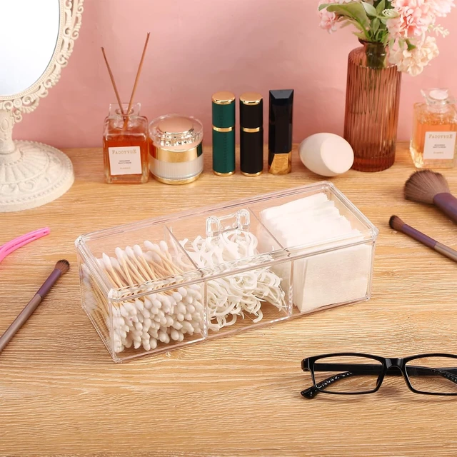 Alt view image 6 of 7 - 3-Slot Bathroom Vanity Organizer for Makeup Pads and Cosmetics, Clear Acrylic Cotton Swab and Ball Storage Jar with Lid