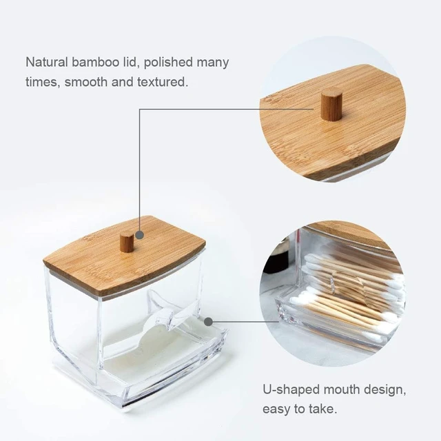 Alt view image 3 of 6 - Toothpick Storage Container for Bathroom Vanity Decor Organizer, Square Plastic Q-tip Holder, Clear Acrylic Cotton Swab Dispenser with Bamboo Lid