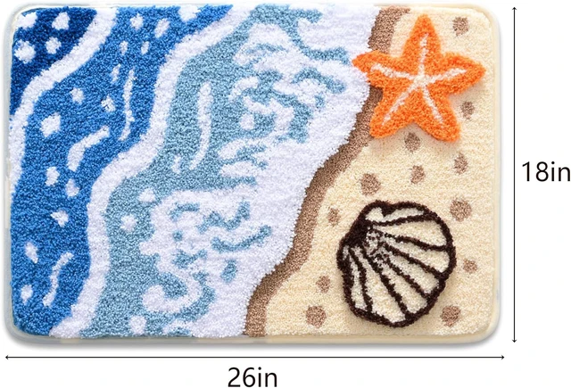 Alt view image 2 of 7 - Soft Microfiber Non-Slip Washable Beach Theme Carpet for Home Decor, Nautical Starfish Shell Bath Mat, Ocean Wave Bathroom Rug