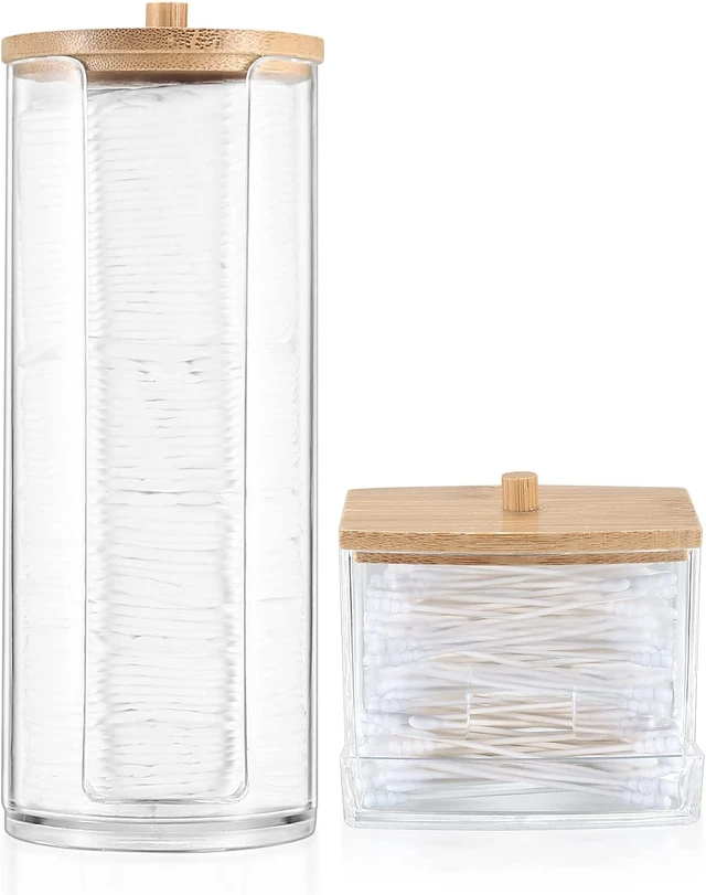 Alt view image 2 of 7 - Vanity Organizer for Bathroom Makeup Storage, Set of 2 Transparent Cotton Pad and Swab Dispensers with Bamboo Lids