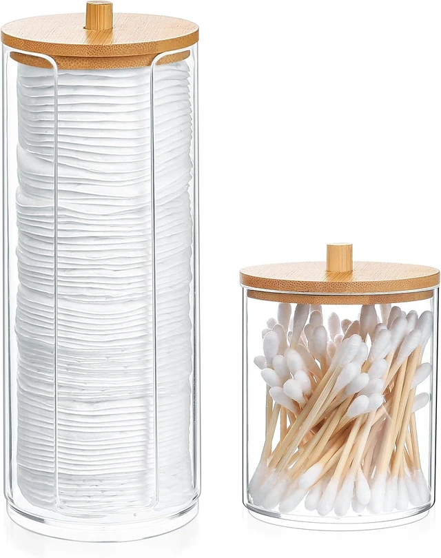 Main image of Vanity Organizer for Bathroom Makeup Storage, Set of 2 Transparent Cotton Pad and Swab Dispensers with Bamboo Lids