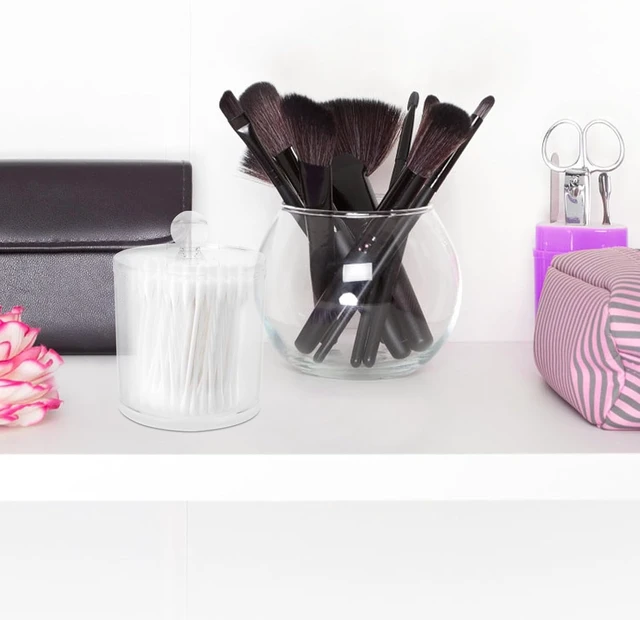 Alt view image 4 of 7 - Large Round Bathroom Organizer for Personal Care, Acrylic Cotton Swab Holder & Pad Storage Box with Lid
