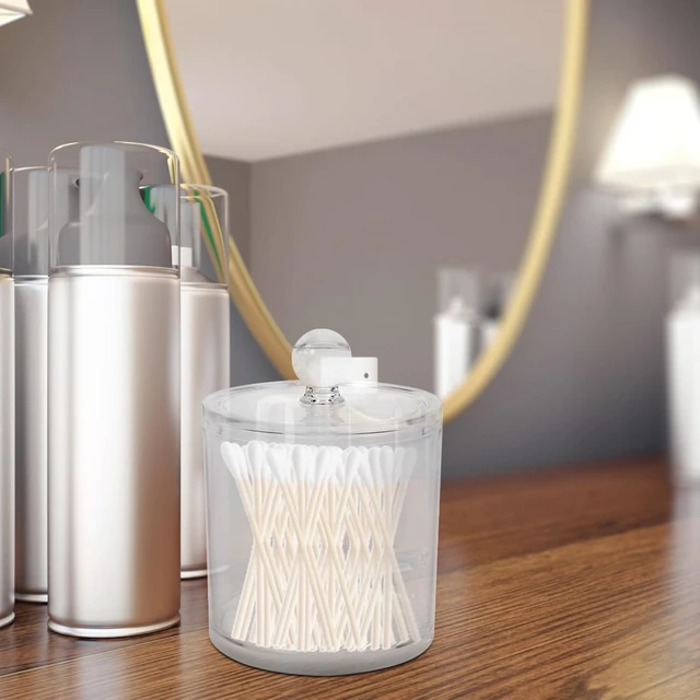 Alt view image 5 of 7 - Large Round Bathroom Organizer for Personal Care, Acrylic Cotton Swab Holder & Pad Storage Box with Lid