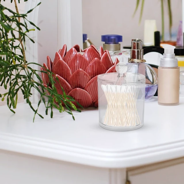 Alt view image 6 of 7 - Large Round Bathroom Organizer for Personal Care, Acrylic Cotton Swab Holder & Pad Storage Box with Lid