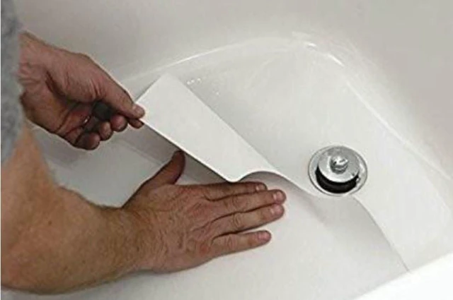 Main image of White Adhesive Vinyl Non-Slip Safety Bath Mat with Drain Cut Out