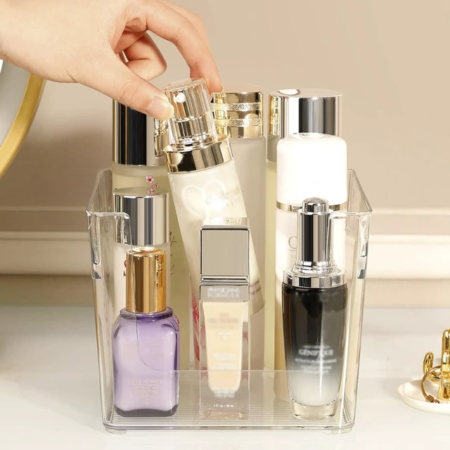 Alt view image 4 of 7 - Dustproof Cosmetic Container, Makeup Tools and Sanitary Supplies, Swabs, Multi-Compartment Storage for Cotton Pads, Clear Acrylic Desktop Vanity Organizer with Lid
