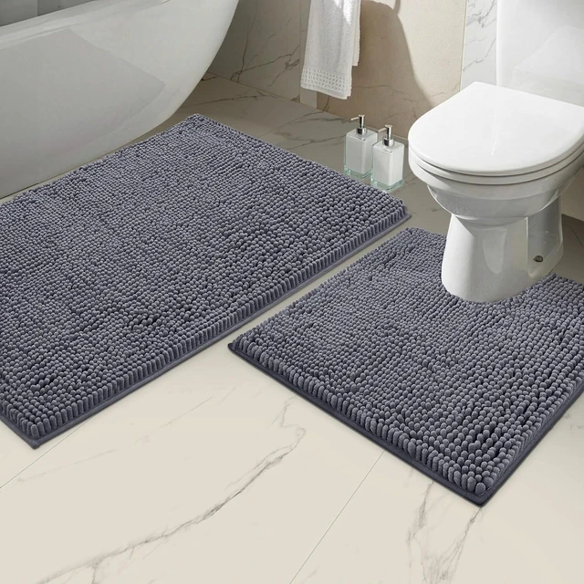 Main image of Non-Slip Quick Dry Machine Washable, Soft Absorbent Shaggy Bath Mat & Contour Toilet Cover, 2-Piece Chenille Bathroom Rug Set