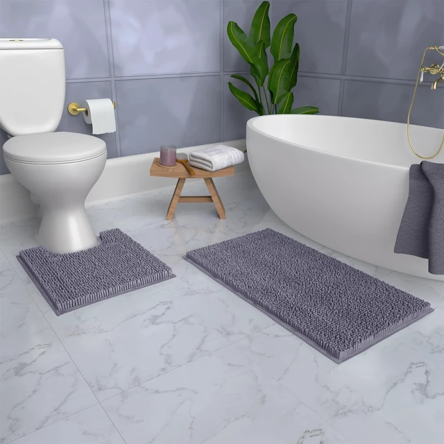 Alt view image 5 of 7 - Non-Slip Quick Dry Machine Washable, Soft Absorbent Shaggy Bath Mat & Contour Toilet Cover, 2-Piece Chenille Bathroom Rug Set