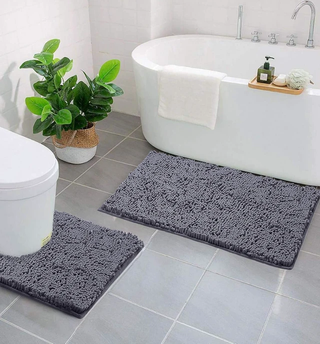 Alt view image 6 of 7 - Non-Slip Quick Dry Machine Washable, Soft Absorbent Shaggy Bath Mat & Contour Toilet Cover, 2-Piece Chenille Bathroom Rug Set
