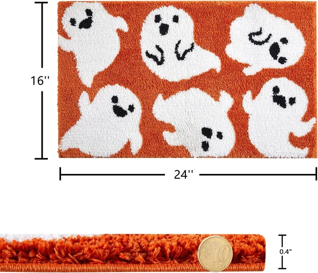 Alt view image 2 of 7 - Adorable Orange Ghost Bathroom Rug Anti-Slip Machine Washable Spooky Funny Halloween Floor Mat Soft Shaggy Microfiber Scary Spirit Autumn Shower Absorbent Decor