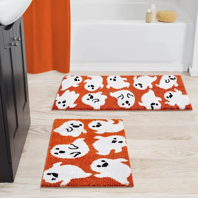 Alt view image 3 of 7 - Adorable Orange Ghost Bathroom Rug Anti-Slip Machine Washable Spooky Funny Halloween Floor Mat Soft Shaggy Microfiber Scary Spirit Autumn Shower Absorbent Decor