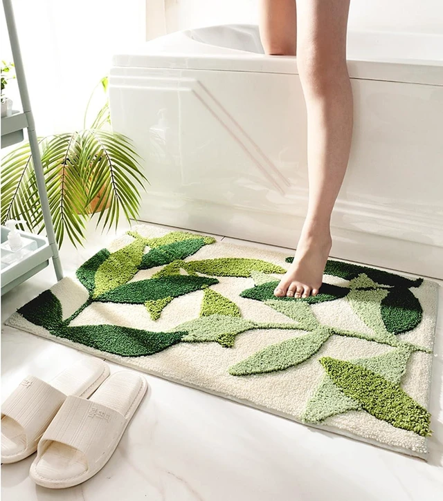 Main image of Soft Bath Mat, Adorable Green Leaf Pattern Bathroom Rug