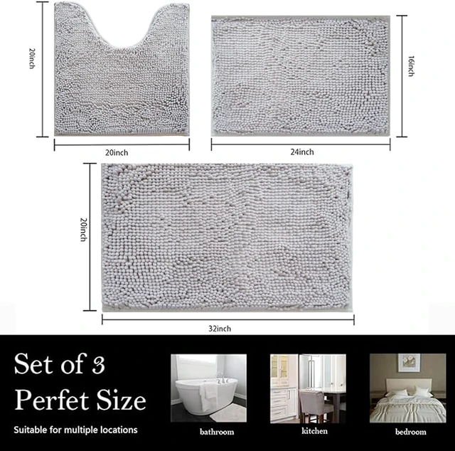 Alt view image 2 of 7 - Super Absorbent & Machine Washable for Toilet and Tub, 3-Piece Plush Shaggy Bath Mats with Non-Slip PVC Backing, Chenille Bathroom Rug Set
