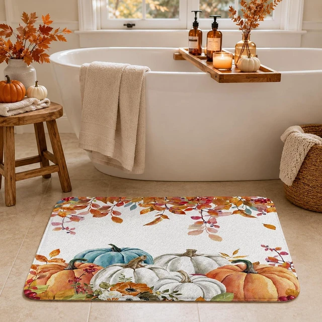 Main image of Fall Leaves Bath Mat, Autumn Pumpkin Bathroom Rug