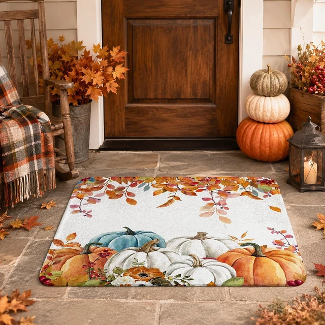 Alt view image 3 of 7 - Fall Leaves Bath Mat, Autumn Pumpkin Bathroom Rug