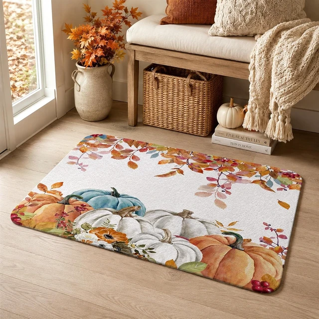 Alt view image 5 of 7 - Fall Leaves Bath Mat, Autumn Pumpkin Bathroom Rug