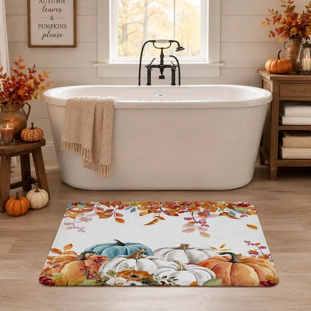 Alt view image 2 of 7 - Fall Leaves Bath Mat, Autumn Pumpkin Bathroom Rug