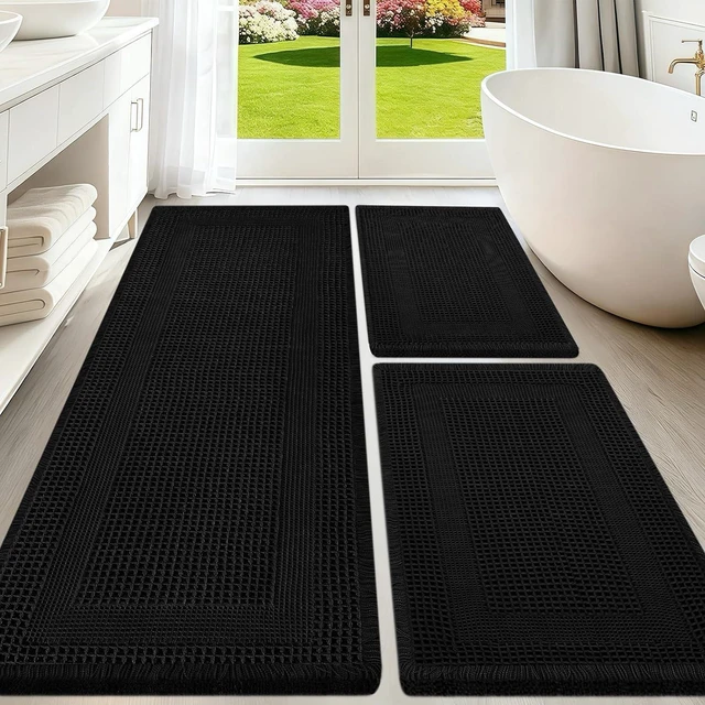 Main image of Machine Washable Ultra-Soft Bohemian Farmhouse Style Floor Mats, High Absorbency Non-Slip Quick-Drying Bathroom Rugs with Tassels, Enhanced Waffle Texture Bath Mat Ensemble
