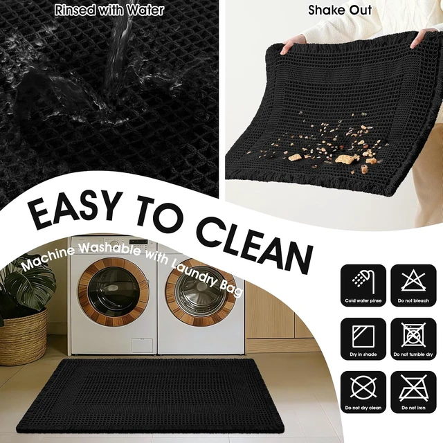 Alt view image 6 of 7 - Machine Washable Ultra-Soft Bohemian Farmhouse Style Floor Mats, High Absorbency Non-Slip Quick-Drying Bathroom Rugs with Tassels, Enhanced Waffle Texture Bath Mat Ensemble