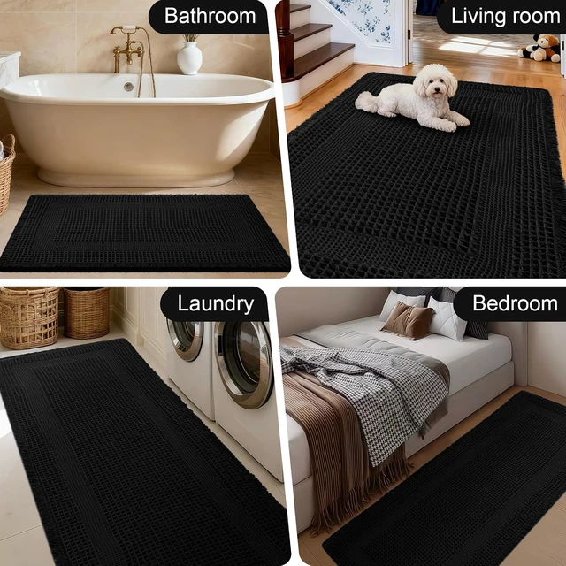Alt view image 7 of 7 - Machine Washable Ultra-Soft Bohemian Farmhouse Style Floor Mats, High Absorbency Non-Slip Quick-Drying Bathroom Rugs with Tassels, Enhanced Waffle Texture Bath Mat Ensemble