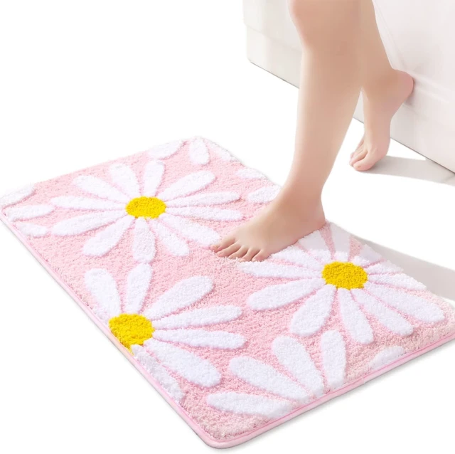 Main image of Super Absorbent Machine Washable Shower Floor Carpet, Non-Slip Microfiber Bath Mat with White and Yellow Flower Decor, Cute Daisy Pink Bathroom Rug