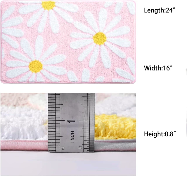 Alt view image 6 of 6 - Super Absorbent Machine Washable Shower Floor Carpet, Non-Slip Microfiber Bath Mat with White and Yellow Flower Decor, Cute Daisy Pink Bathroom Rug