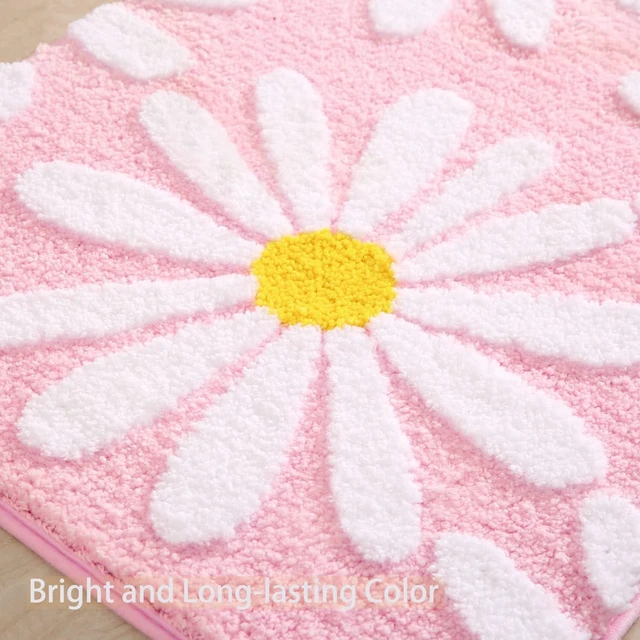 Alt view image 5 of 6 - Super Absorbent Machine Washable Shower Floor Carpet, Non-Slip Microfiber Bath Mat with White and Yellow Flower Decor, Cute Daisy Pink Bathroom Rug