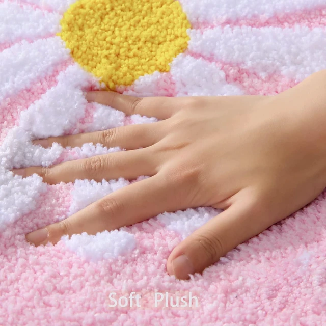 Alt view image 2 of 6 - Super Absorbent Machine Washable Shower Floor Carpet, Non-Slip Microfiber Bath Mat with White and Yellow Flower Decor, Cute Daisy Pink Bathroom Rug