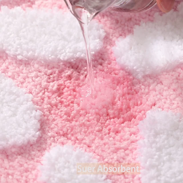 Alt view image 4 of 6 - Super Absorbent Machine Washable Shower Floor Carpet, Non-Slip Microfiber Bath Mat with White and Yellow Flower Decor, Cute Daisy Pink Bathroom Rug