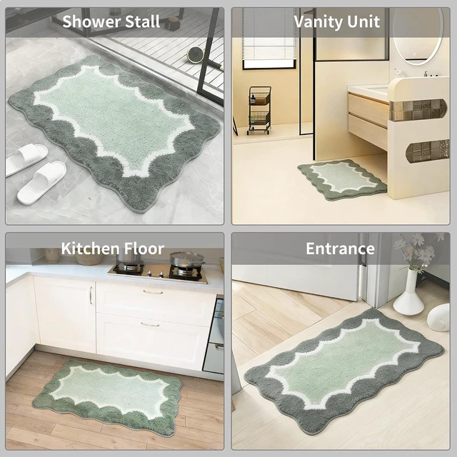 Alt view image 7 of 7 - Washable Carpet for Shower Floor Bedroom, Non-Slip Absorbent Quick-Dry Plush Microfiber Bathroom Mat, Green Scalloped Edge Bath Rug