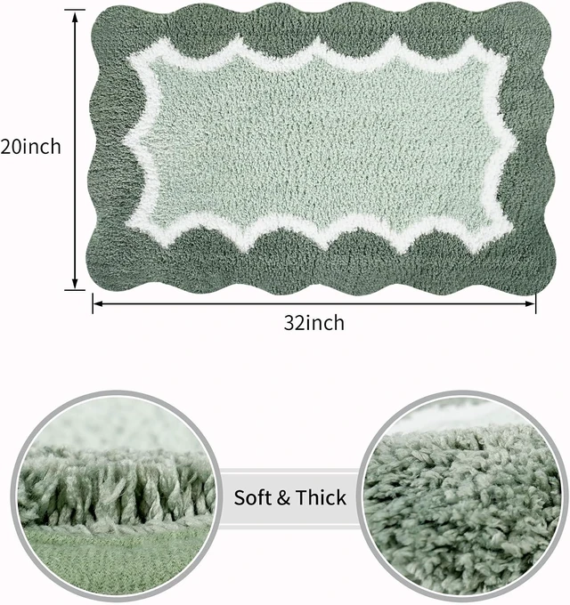 Alt view image 2 of 7 - Washable Carpet for Shower Floor Bedroom, Non-Slip Absorbent Quick-Dry Plush Microfiber Bathroom Mat, Green Scalloped Edge Bath Rug
