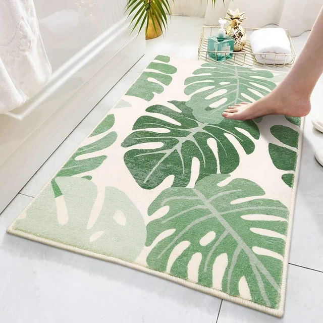 Main image of Washable Small Floor Mat for Shower & Bathtub Decor, Green Leaf Pattern Non-Slip Bathroom Rug