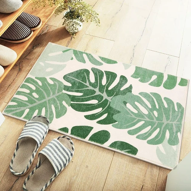 Alt view image 3 of 7 - Washable Small Floor Mat for Shower & Bathtub Decor, Green Leaf Pattern Non-Slip Bathroom Rug
