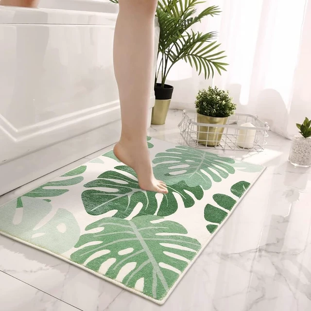 Alt view image 7 of 7 - Washable Small Floor Mat for Shower & Bathtub Decor, Green Leaf Pattern Non-Slip Bathroom Rug