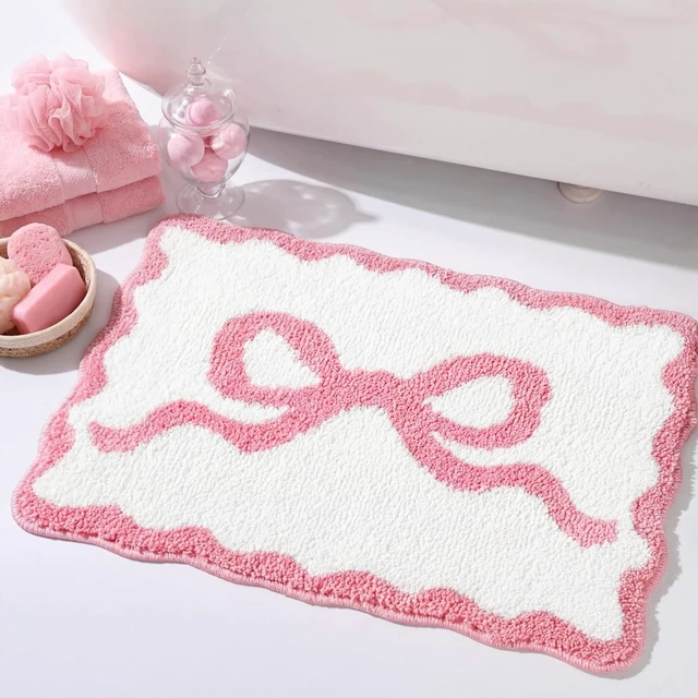 Main image of Pink Bow Scalloped Bathroom Rug Mat