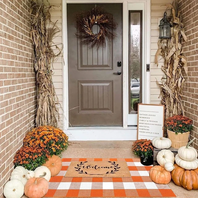 Alt view image 2 of 7 - Farmhouse Style Fall Decor for Front Porch Entryway, Washable Cotton Woven Indoor Outdoor Floor Mat, Buffalo Check Plaid Area Rug
