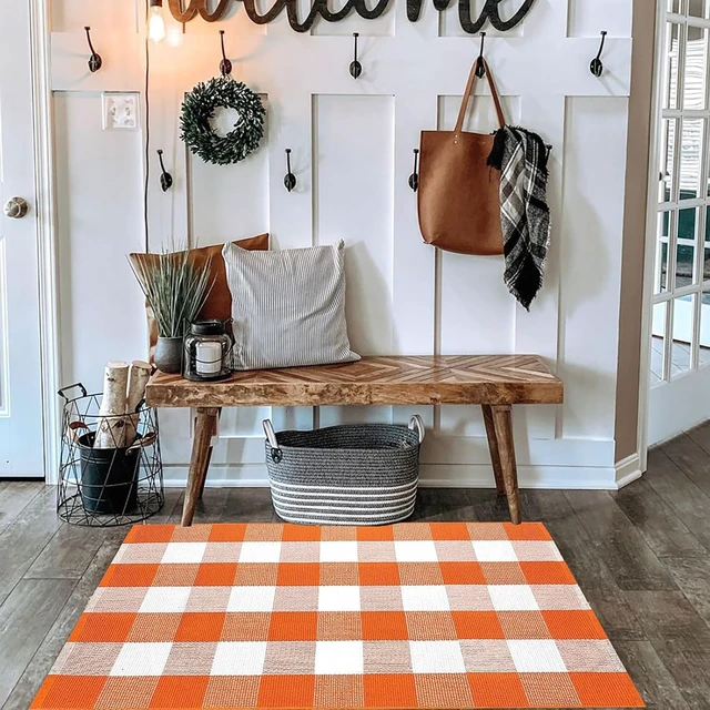 Alt view image 3 of 7 - Farmhouse Style Fall Decor for Front Porch Entryway, Washable Cotton Woven Indoor Outdoor Floor Mat, Buffalo Check Plaid Area Rug