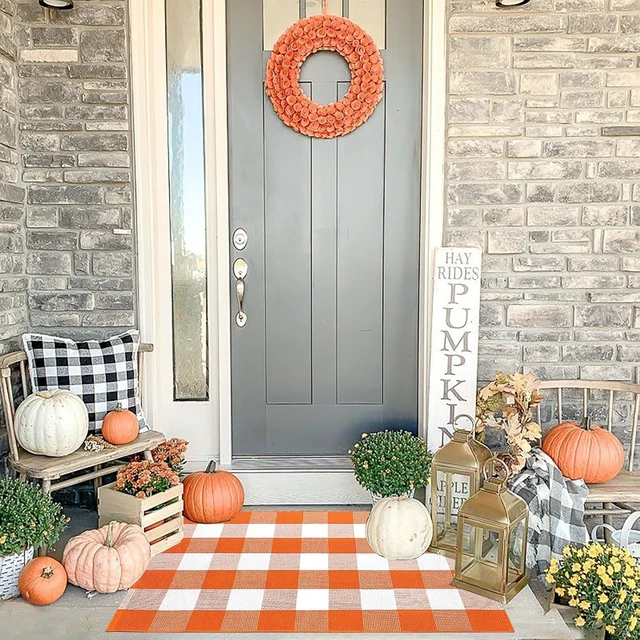 Alt view image 4 of 7 - Farmhouse Style Fall Decor for Front Porch Entryway, Washable Cotton Woven Indoor Outdoor Floor Mat, Buffalo Check Plaid Area Rug