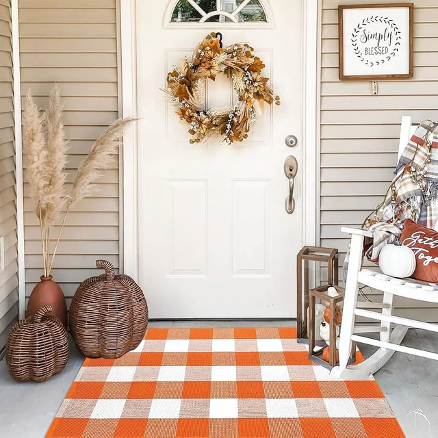 Alt view image 5 of 7 - Farmhouse Style Fall Decor for Front Porch Entryway, Washable Cotton Woven Indoor Outdoor Floor Mat, Buffalo Check Plaid Area Rug