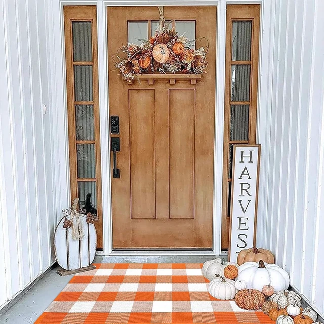 Alt view image 7 of 7 - Farmhouse Style Fall Decor for Front Porch Entryway, Washable Cotton Woven Indoor Outdoor Floor Mat, Buffalo Check Plaid Area Rug