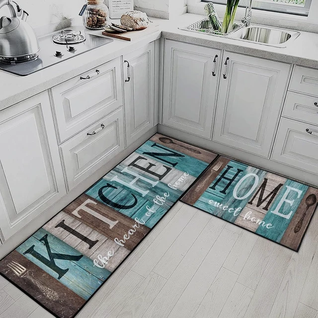 Alt view image 2 of 7 - Non-Slip Washable Farmhouse Kitchen Rug Set Turquoise