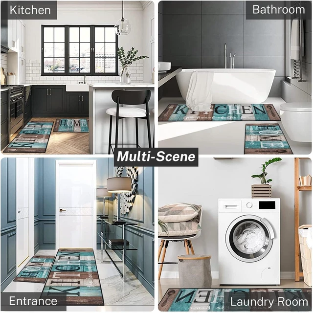 Alt view image 5 of 7 - Non-Slip Washable Farmhouse Kitchen Rug Set Turquoise