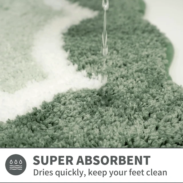 Alt view image 5 of 7 - Washable Carpet for Shower Floor Bedroom, Non-Slip Absorbent Quick-Dry Plush Microfiber Bathroom Mat, Green Scalloped Edge Bath Rug