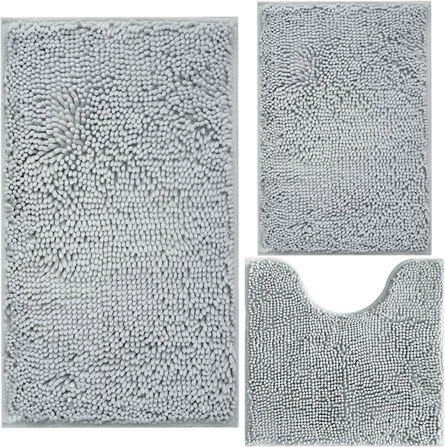 Main image of Machine Washable Toilet Mat for Home Decor, Soft Absorbent Bath Mats with Non-Slip PVC Backing, 3-Piece Shag Chenille Bathroom Rug Set