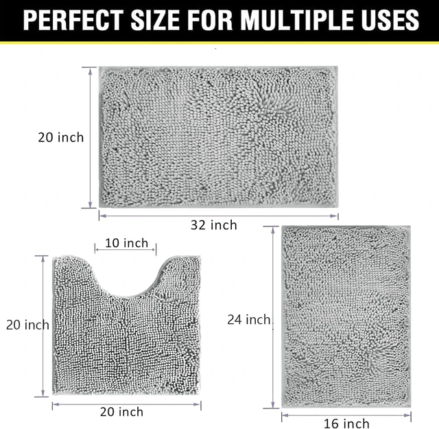 Alt view image 2 of 7 - Machine Washable Toilet Mat for Home Decor, Soft Absorbent Bath Mats with Non-Slip PVC Backing, 3-Piece Shag Chenille Bathroom Rug Set