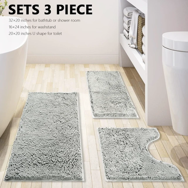 Alt view image 3 of 7 - Machine Washable Toilet Mat for Home Decor, Soft Absorbent Bath Mats with Non-Slip PVC Backing, 3-Piece Shag Chenille Bathroom Rug Set