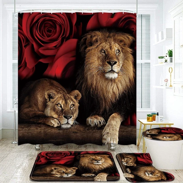 Main image of Mat with Hooks, Lid Cover, Rugs, 4-Piece Floral and Animal Print Bathroom Textile Set Including Curtain
